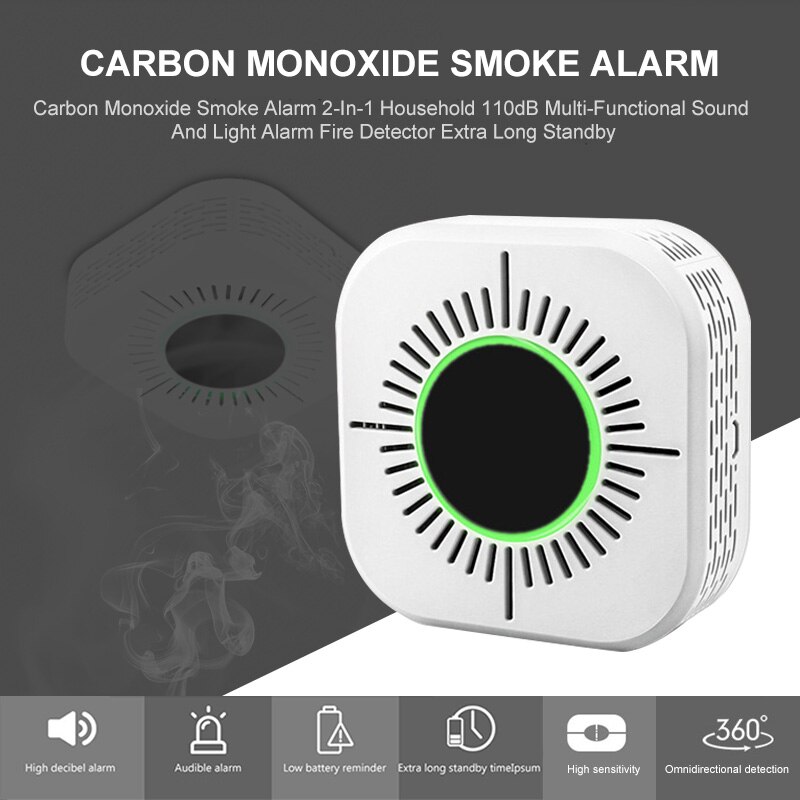 Carbon Monoxide Smoke Alarm 2-In-1 Household 110dB Multi-Functional Sound And Light Alarm Fire Detector Extra Long Standby