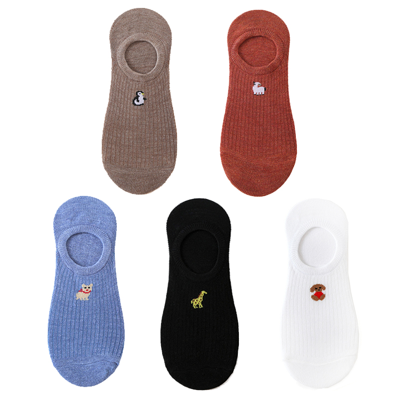 5 pares de 10 piezas calcetines de de primavera calcetines de algodón con bordado de animales de dibujos animados para mujer calcetines tobilleros divertidos deportivos informales: Multicolor