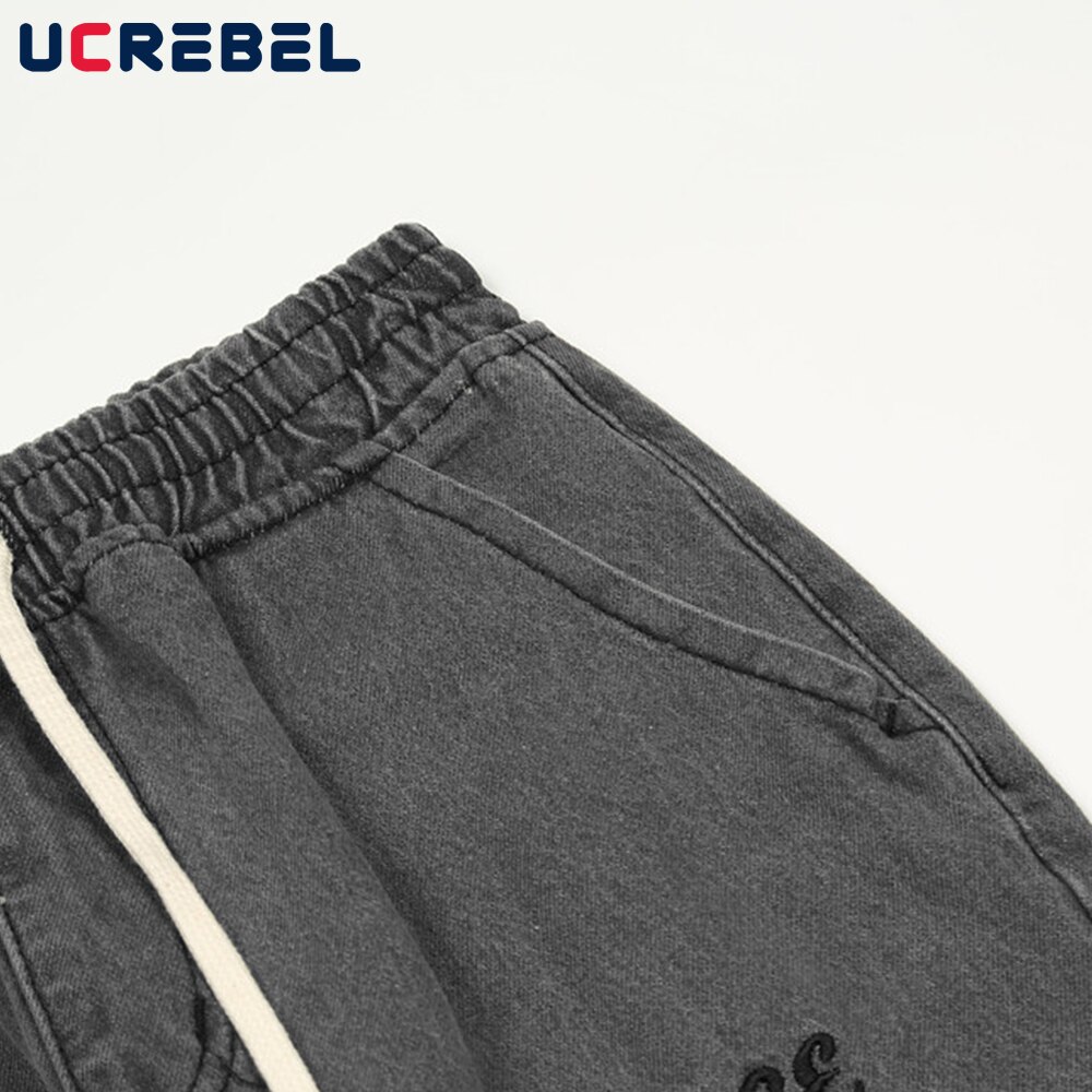 Pantalones vaqueros con bordado de letras cruzadas para hombre, pantalón informal desgastado de cintura elástica a la , ropa de calle, pantalones sueltos de pierna recta