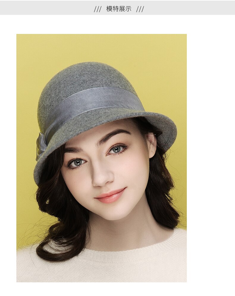 Lady Fedoras Hat Girls British Style Dome Hat Female Woolen Cap Shaped Winter Warm Cap British Leisure Cap B8676: Gray