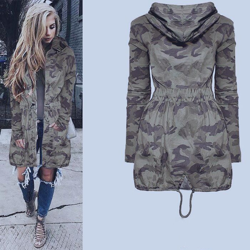 Vriendje Womens Hooded Casual Lange Jas Jas Losse Rits Leger Windjack Camouflage Uitloper Streetwear
