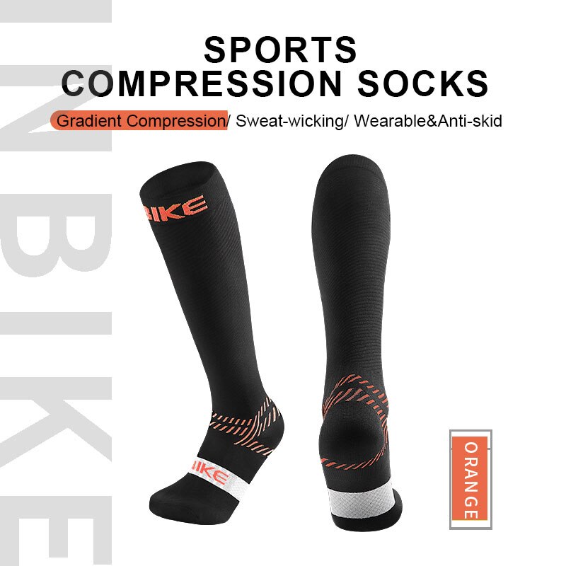 Inbike Sport Compressie Sokken Anti Vermoeidheid Pijnbestrijding Knie Hoge Kousen Ademende Elastische Stretch Hardlopen Fietsen Outdoor: Orange / M/L