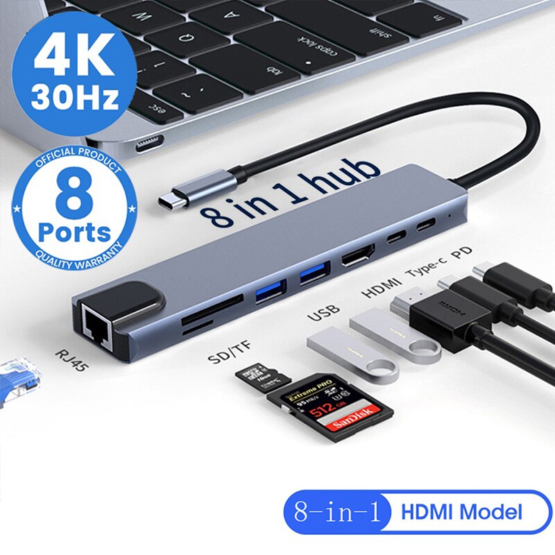 8 -i- 1 usb-c-hub, type-c-splitter, 4k thunderbolt 3- dokkingstasjon, bærbar pc-adapter for macbook air  m1, ipad pro  rj45 , hdmi-datamaskin