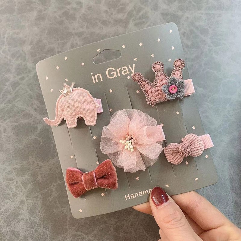 Lote de 5 uds. De pinzas para el pelo para bebé, lazos de flores de conejo para niña, horquilla de corona, pasadores de Haarspeldjes, accesorios para el cabello para bebé pequeño: pink flower