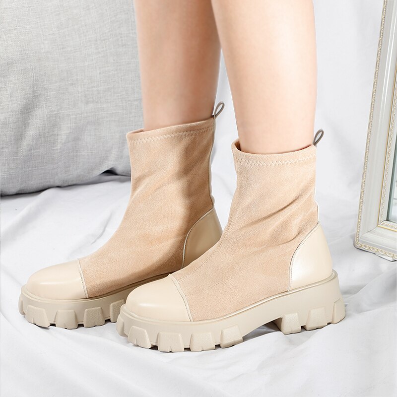Vrouwen Sok Laarzen Pu Lederen Dames Platform Enkellaars Vrouwelijke Slip Op Flock Ronde Neus Schoenen Kantoor Voor Vrouw Botas mujer Mode