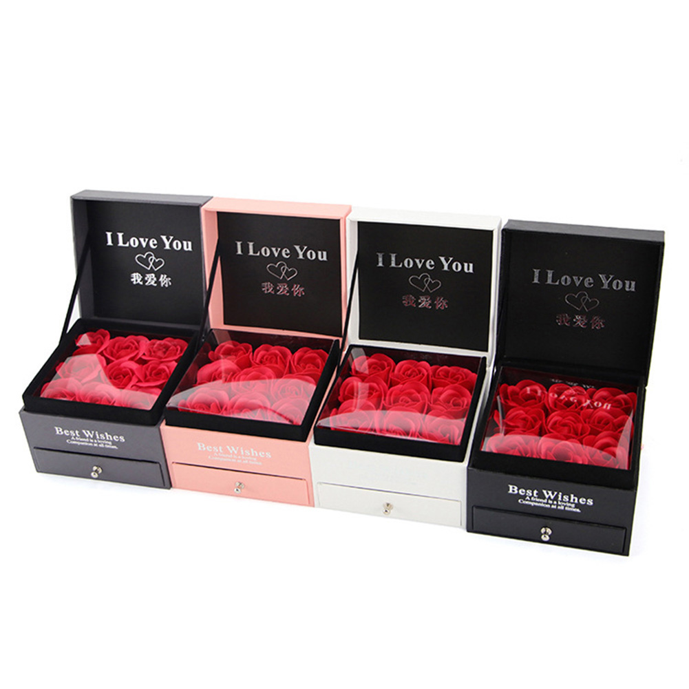 Ring halskæde smykker indehaver papkasse  + 9 stk faux rose blomsterkasse