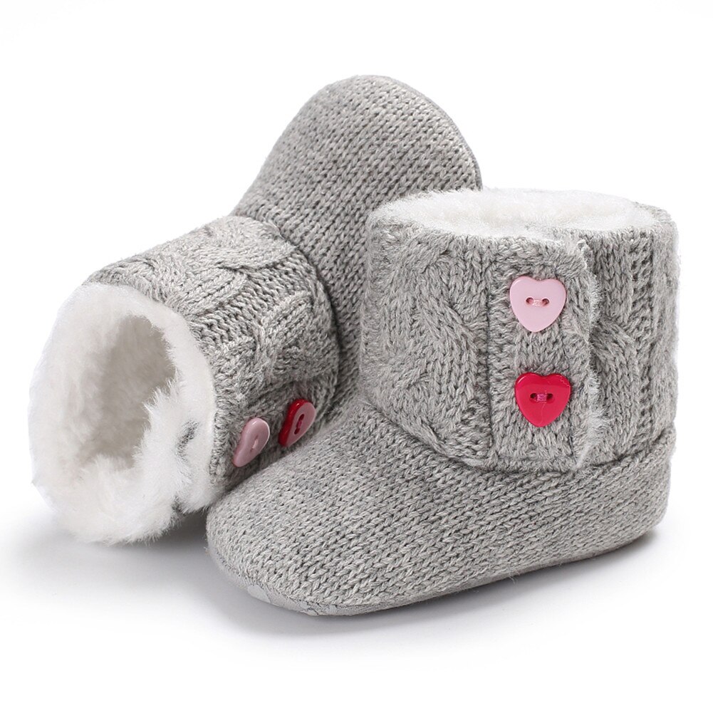 Newborn Toddler Baby Boy Girl Winter Warm Boots Solid Furry Shoes Heart Shape Button Soft Knitted Slippers 0-18M: Gray / 13-18 Months