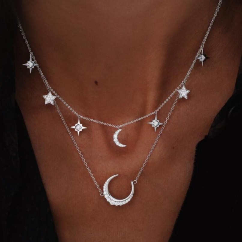 UAM Zomer Goud Kleur Choker Ketting Voor Vrouwen Dames Multi Layer Moon Star met Strass Korte Kettingen