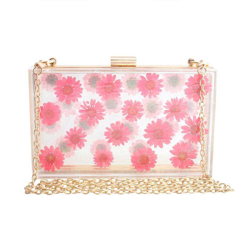 Women Acrylic Sunflower Printed Clear Purse Transparent Crossbody Bag Through Handbags Evening Clutch Events Approved: Rose Chain