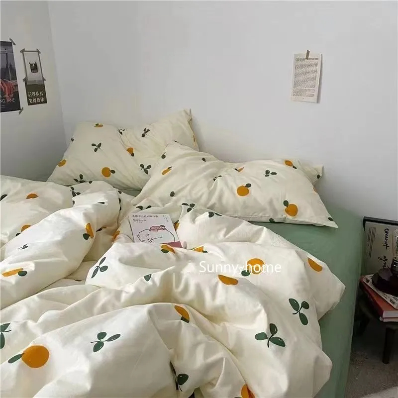 Juego de ropa de cama de cereza para niñas y niños, funda de edredón sin relleno, Sábana plana, funda de almohada, ropa de cama Kawaii: Completo / green