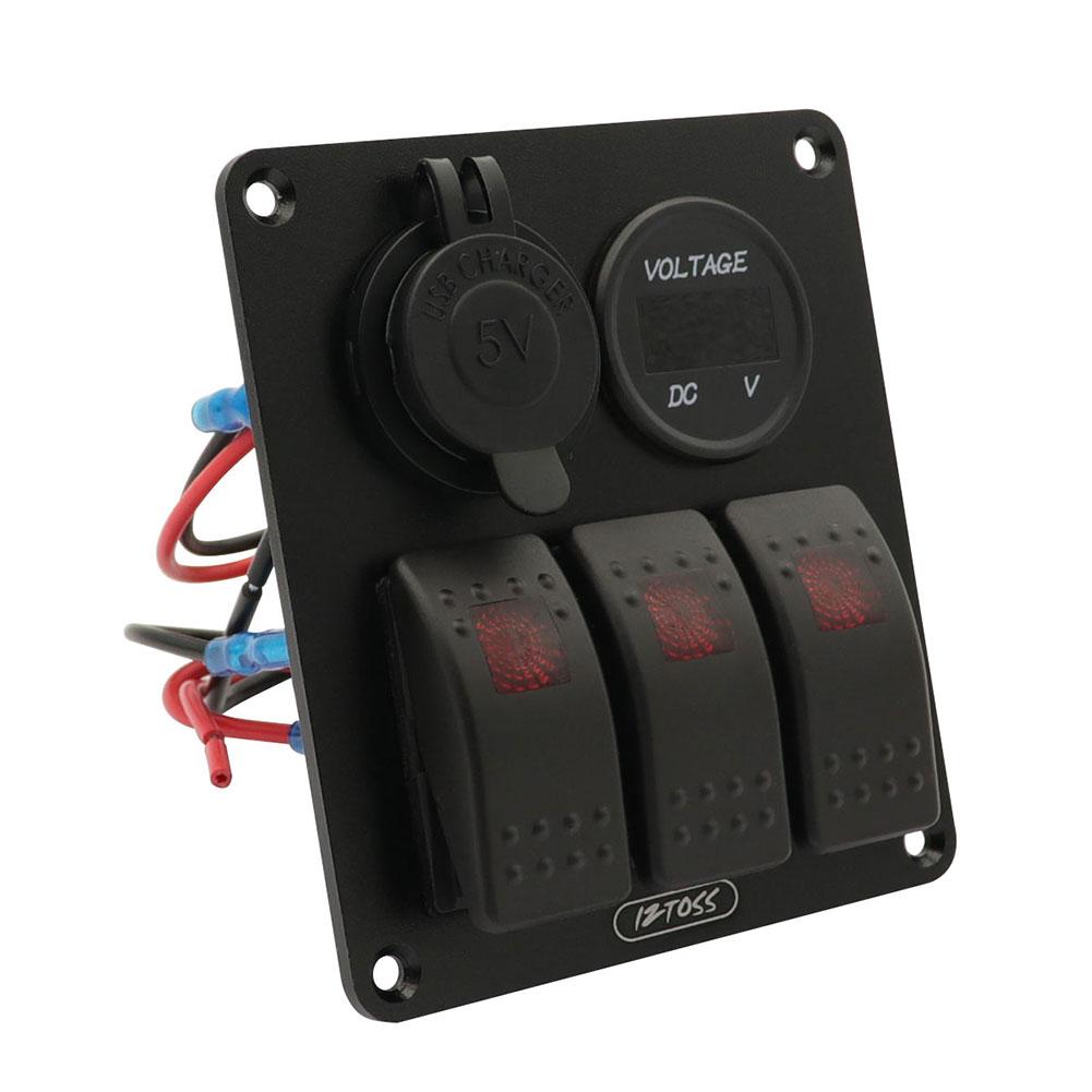 3 Gang 12V/24V Inline Fuse Box LED Switch Panel Dual USB Car Boat Truck Camper Digital Voltage Display Blue/Green LED Light