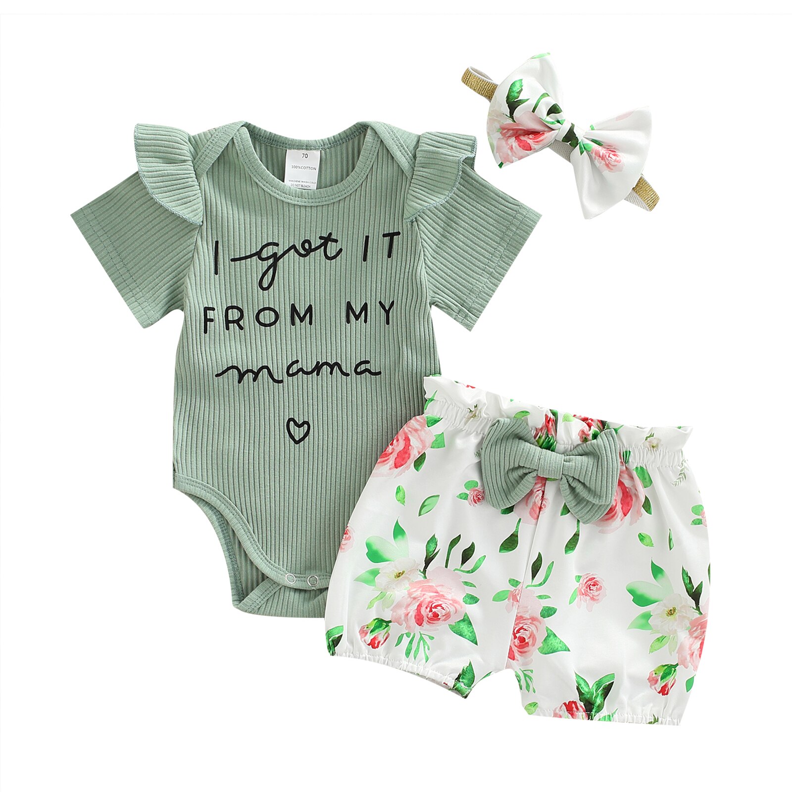 Ensemble de vêtements d'été pour bébés filles de 0 à 18M, barboteuse à manches courtes + Short imprimé léopard/tournesol, I GOT IT FROM MY MAMA, 3 pièces, 2022: E / 18M