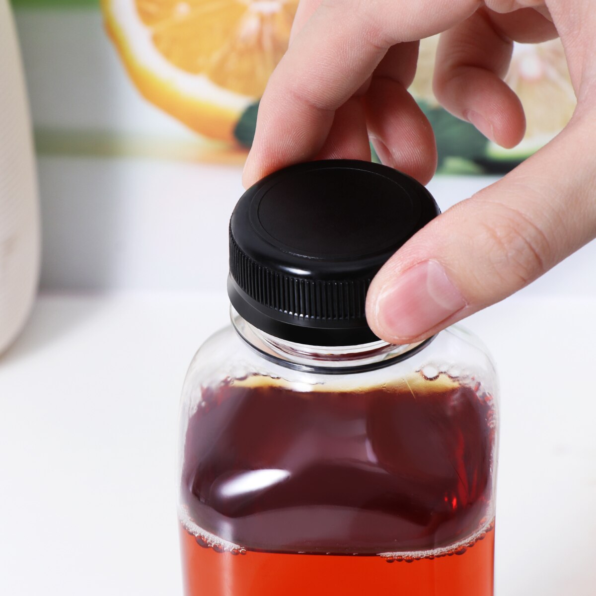 4PCS PET Plastic Empty Storage Containers Bottles with Lids Caps Beverage Drink Bottle Juice Bottle Jar (Black Caps)