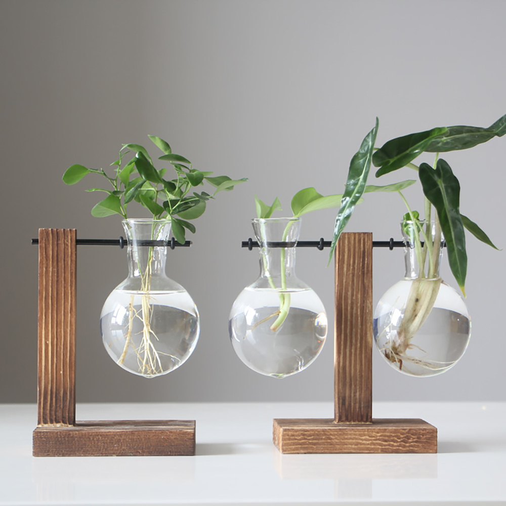 Terrarium Planter Bulb Glass Vase Water Planting Propagation Stations Hydroponics Plants With Wooden Stand Garden Wedding Decor