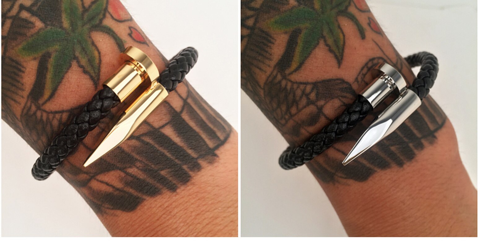 Sort læder reb rustfrit stål søm armbånd til kvinder mænd charm mandlige armbånd
