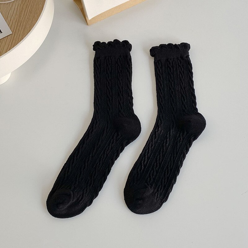Calcetines de algodón de estilo japonés para mujer, calcetín con volantes, Color liso, negro y blanco, coreana: black