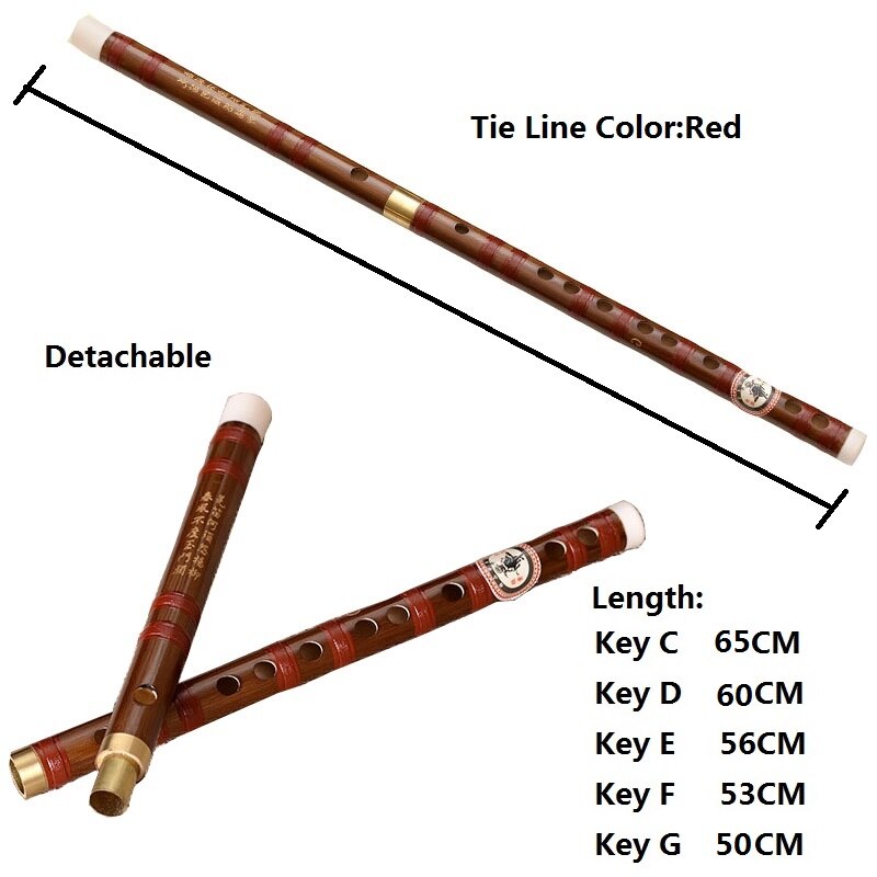 Instrumento Musical tradicional chino, instrumento hecho a mano, con 2 secciones, de bambú amarga, flauta Dizi: Red Key C 65 CM