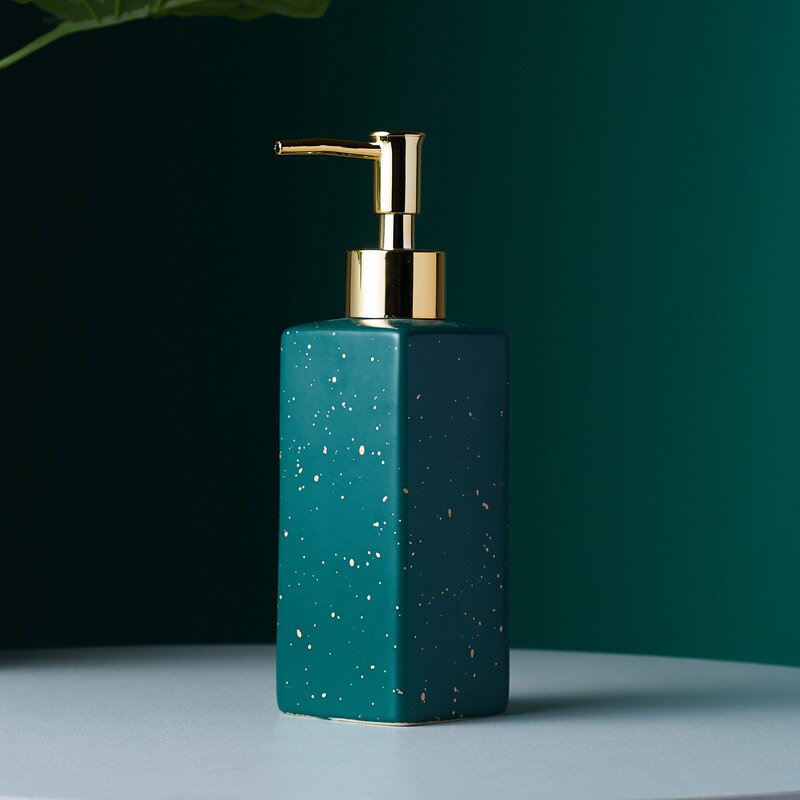 Matte black/white/green gold point pattern bathroom hand soap dispenser ceramic lotion bottle soap dish Bathroom supplies: Square Green