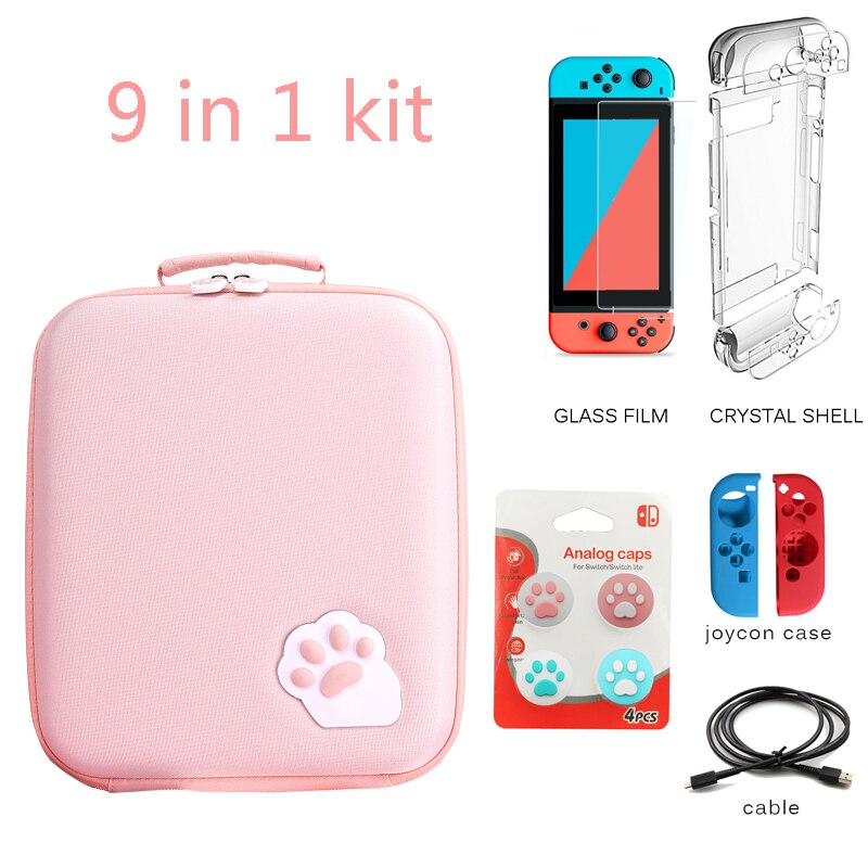 Bolsa de almacenamiento con garra de gato para Nintendo Switch, carcasa dura para consola NS: pink 9 in 1