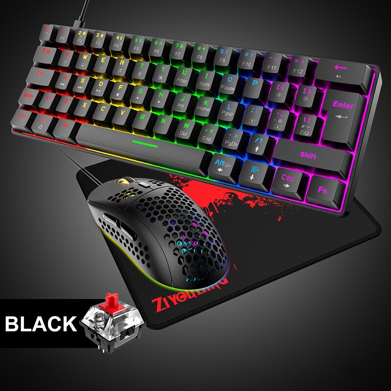 Wired Keyboard Mouse and Mouse pad Set Gaming Mechanical Keyboards 62 keys RGB Backlit Blue Red Switch for PC Gamer: Red Switch Black