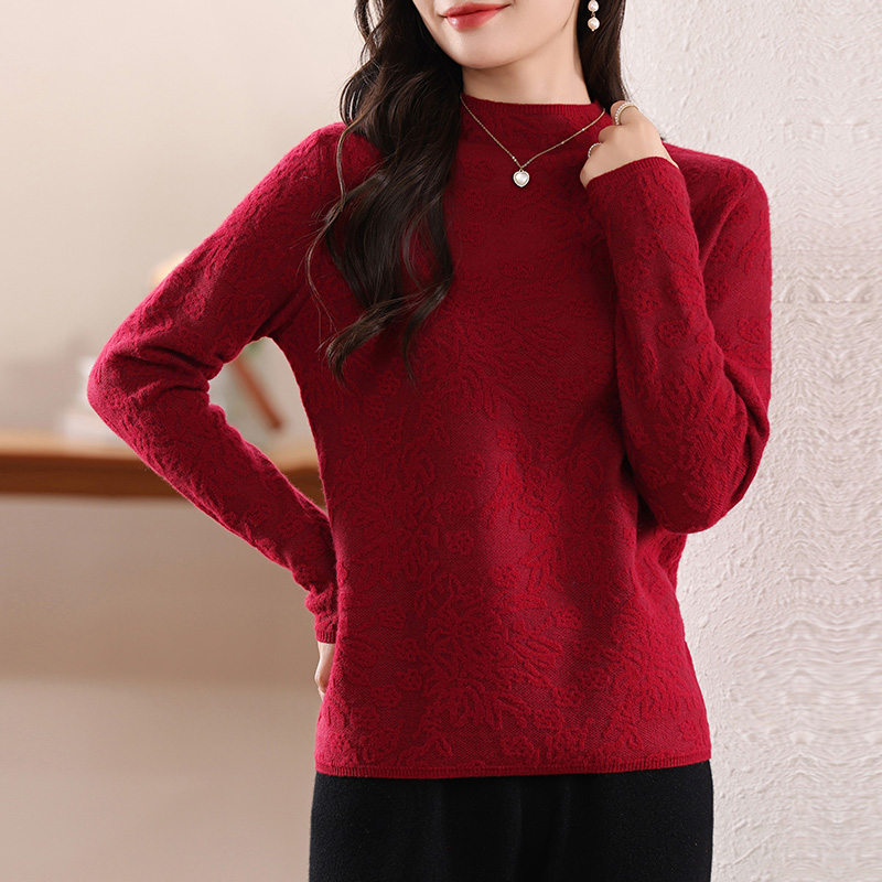 100%  damestrikket genser i merinoull, rund hals, hul, avslappet, moteriktig, varm, , undertøy, høst/vinter: L / Rød