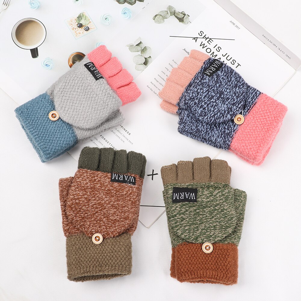 Winter Warm Thickening Wool Gloves Knitted Flip Fingerless Flexible Exposed Finger Thick Mittens for Men Women