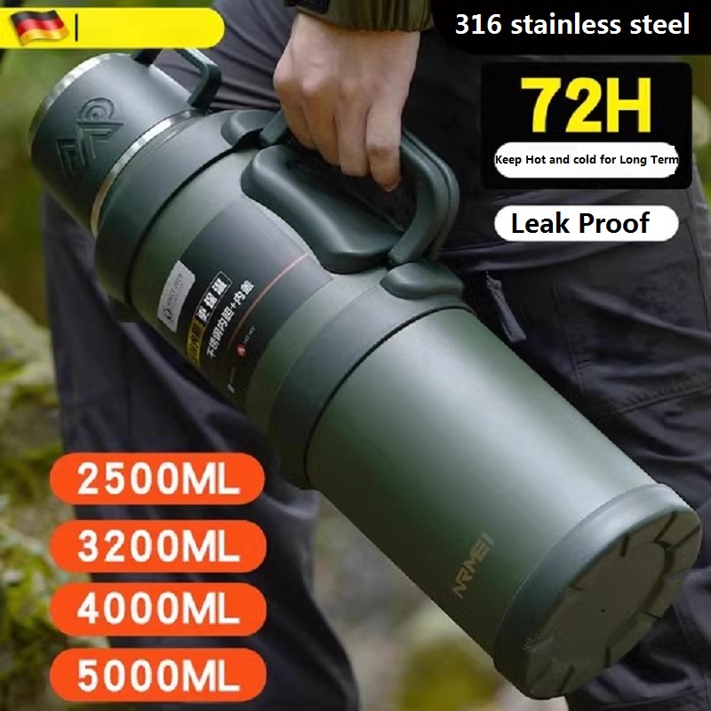 Stainless Steel Insulated Water Bottle with Handle Outdoor Portable Large Capacity Thermos Bottle,Keep and Cold for 72H