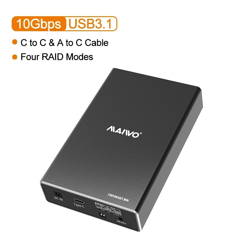 MAIWO Hard Drive Array Enclosure Dual-bay for 2.5 inch External HDD SSD Case RAID Array Type C 2.5" Dual Disk Array Enclosure: Gold