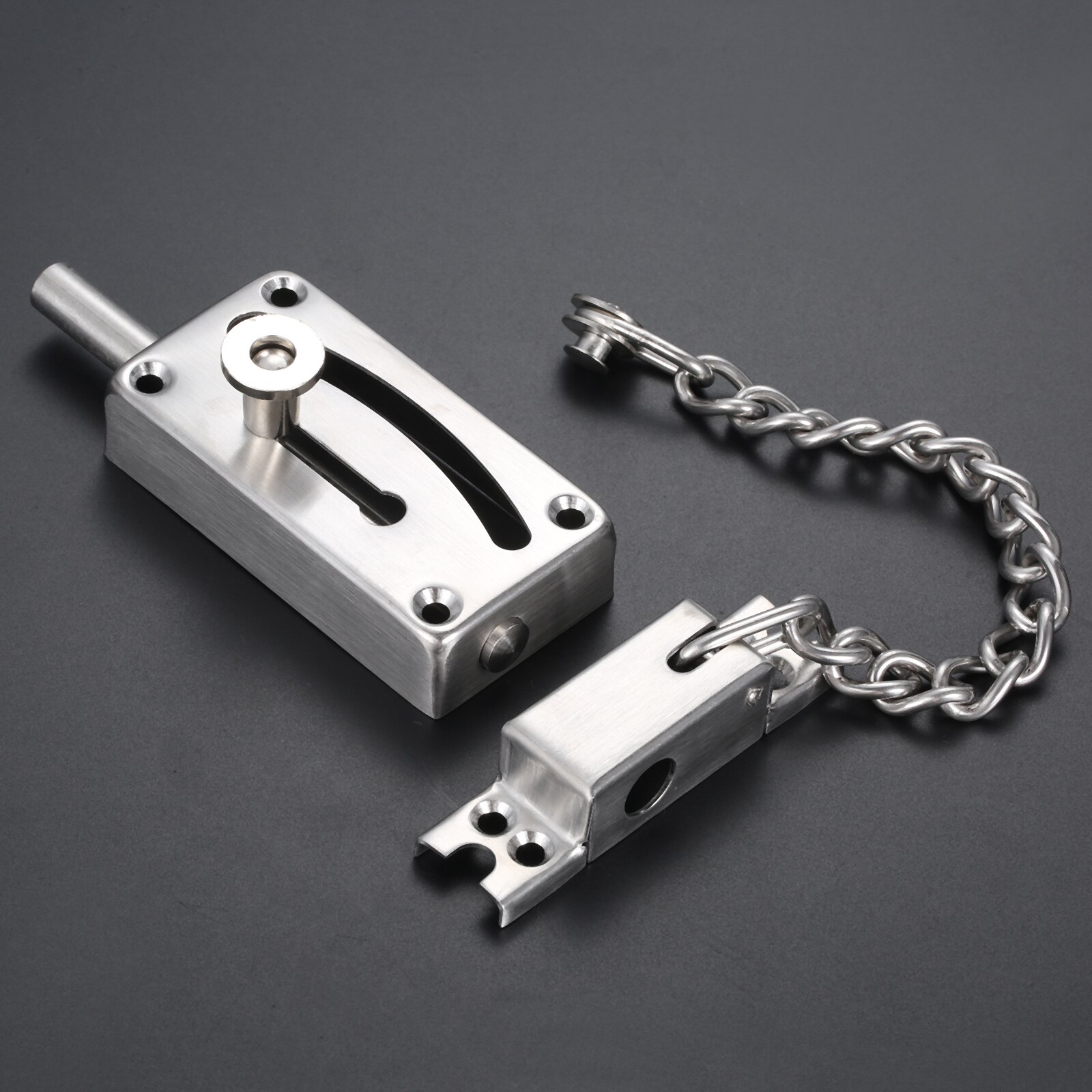 1set Door Bolt Sturdy Safe Guard Lock + Anti-Theft Chain Stainless Steel Gate Security Latch Catcher w/screw Mounting Home Hotel