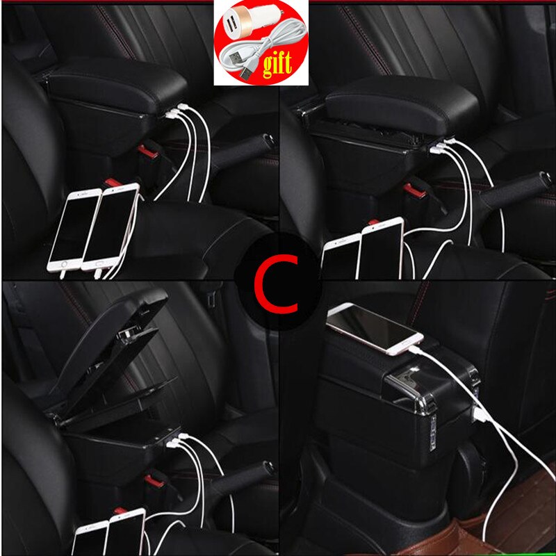 For Fiat 500 armrest box USB Charging heighten Double layer central content holder ashtray accessories: C Black black line