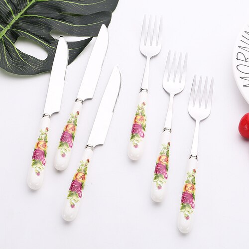 Tableware set Stainless steel Ceramic Steak Knife and Fork full set of Cutlery Spoon 6-pieces: C