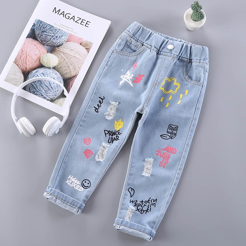 Filles enfants jean nouvelle bébé fille Denim pantalon enfant en bas âge dessin animé motif Leggings enfants tenues pour 2 6 ans: AH4454 blue / 4T