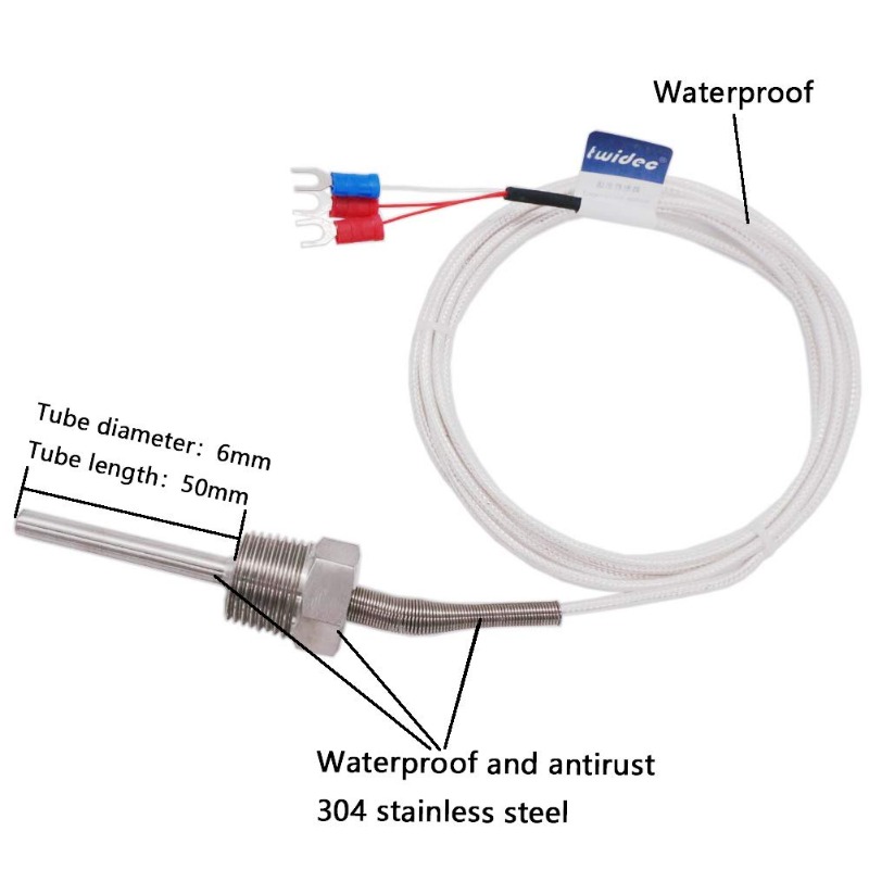 PT100 Temperature Sensor Probe 3 Wire Temperature Controller -200~250℃ Waterproof and Antirust 304 Stainless Steel Thermocouple