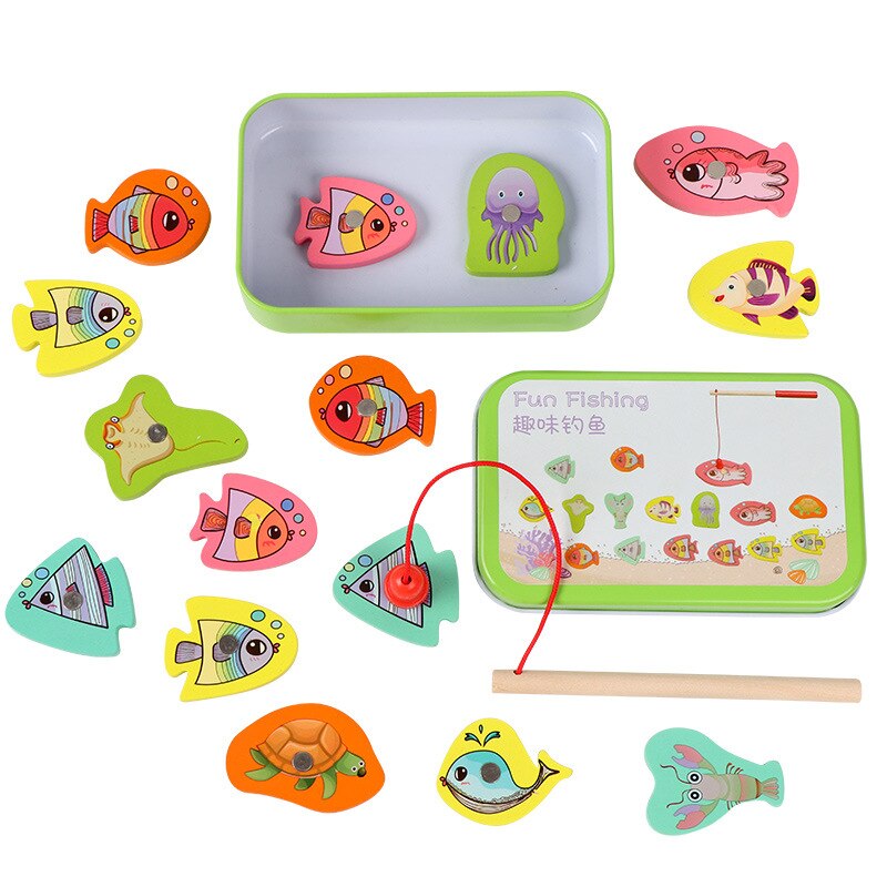 15Pcs Fish Wooden Magnetic Fishing Toy Set Baby Educational Toys Fish Game Educational Fishing Toy with Box