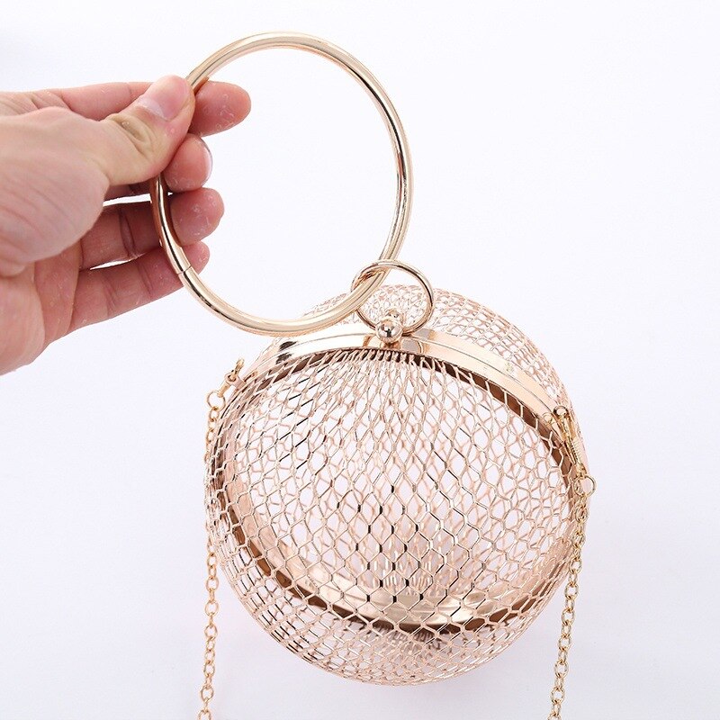 Metal Ball Women Shoulder Bag Gold Cages Round Hollow Clutch Luxury Wedding Party CrossBody Purse Handbag Travel Beach Bags: Gold