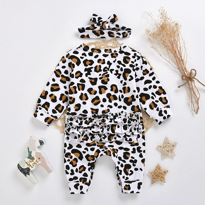 Baby Meisjes Luipaard Jumpsuit Pasgeboren Baby Ruche Romper Hoofdband Outfits Knop O-hals Lange Mouw Meisje Katoenen Kleding