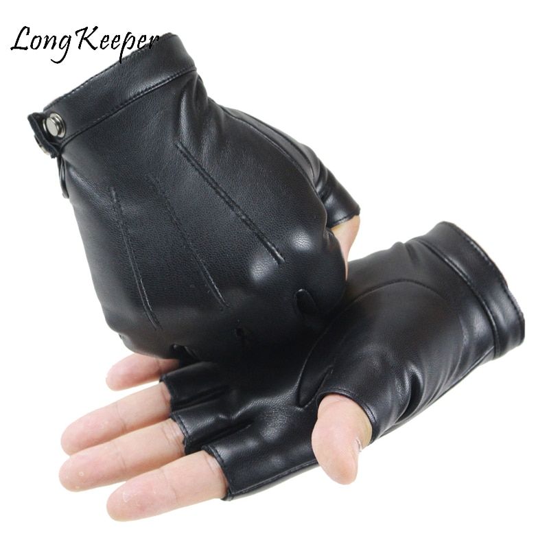 Guantes sin dedos de cuero sintético para hombre y mujer, manoplas gruesas con botón, cálidas, de medio dedo, para conducir, color negro,