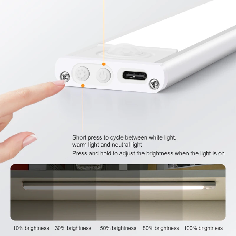 Lampe LED avec capteur de mouvement, Rechargeable par USB type-c, pour armoire de cuisine, éclairage d'armoire, 20cm/30cm/40cm/50cm
