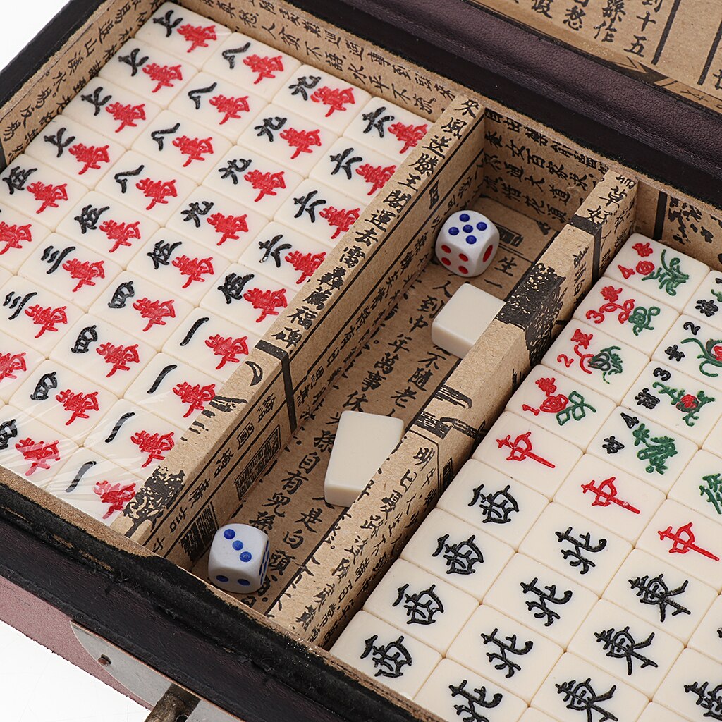 Small Szie Traditional Chinese Version Mahjong Game Set - 144 Fiberboard Tiles & Instruction in Wooden Storage Box