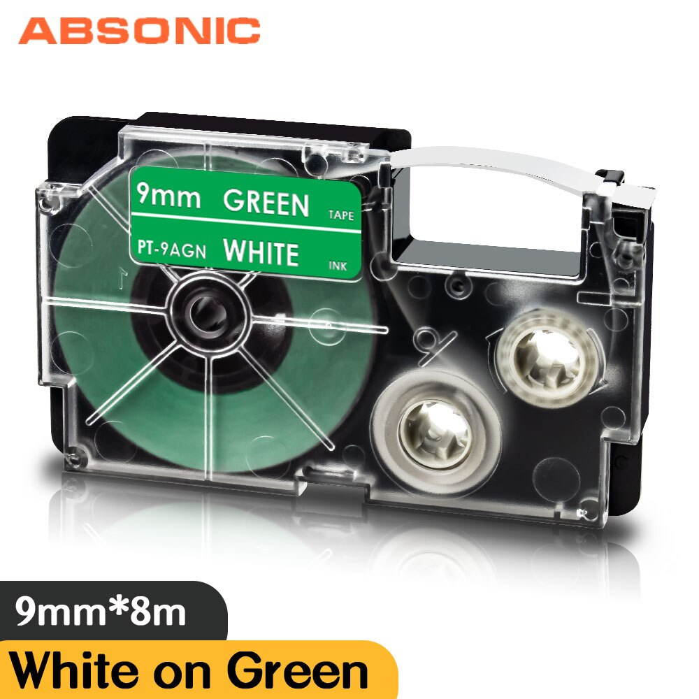 Absonic XR-9AGN biały na zielonym 9mm etykietowania taśma do obsługi Casio KL-60 KL-120 KL-130 KL750 KL780 KL820 KL-750KR KL-750B KL-750BA druku