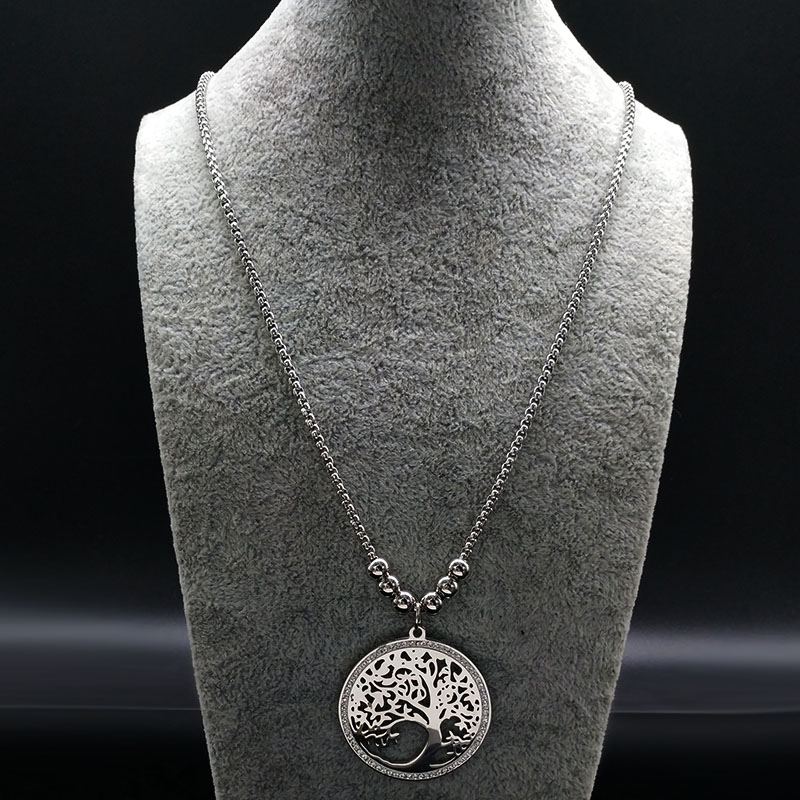 Lange halsketten mit lebensbaum-anhängern aus edelstahl und kristallschmuck in silberfarbe, damenschmuck ,  n18er 02