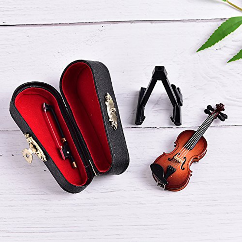 Mini Viool Speelgoed Voor Kinderen Poppenhuis Miniatuur Muziekinstrument Houten Model Decor Met Boog Stand Ondersteuning En Case