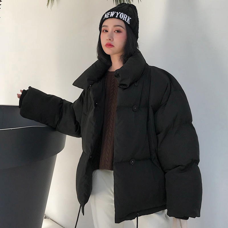 Vinterjacka i koreansk stil dam ståkrage solid svart vit kvinnlig dunjacka lös överdimensionerad kort parkas dam: Svart / S
