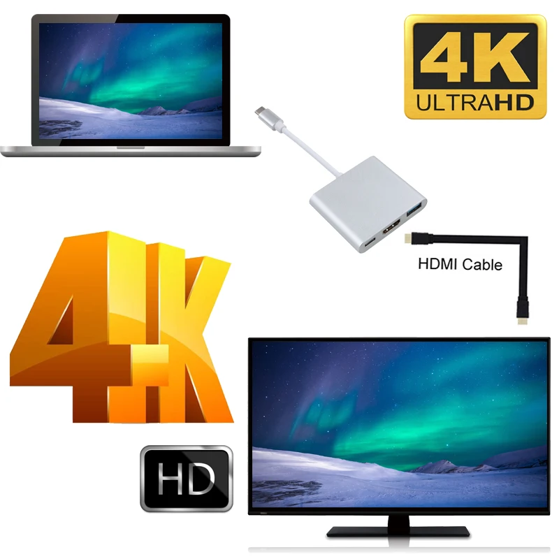 Konwerter Usb c na Hd adapter typu c na HDMI/USB 3.0/typ C adapter rodzaj-c aluminium dla MacBook zawodowiec/powietrze/Huawei kumpel