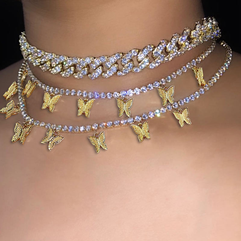 Iced Out Kubanischen Kette Choker Halskette für Frauen Gold Silber Farbe 7 Schmetterling Strass Anhänger Halskette Partei Schmuck