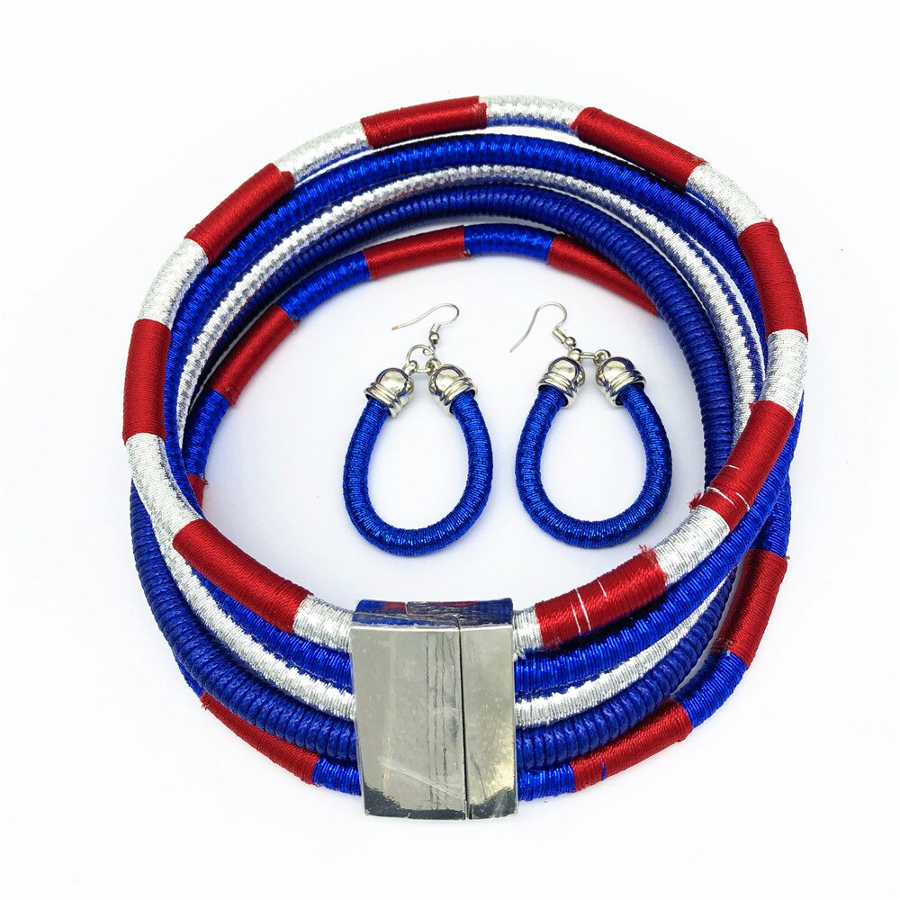 mehrschichtig Stamm Halsband Ohrringe einstellen Bunte Seil Weben Afrikanische Halsketten gewebte klobig Lätzchen ErkläSprosse Drehmoment Verschlüsse Halskette
