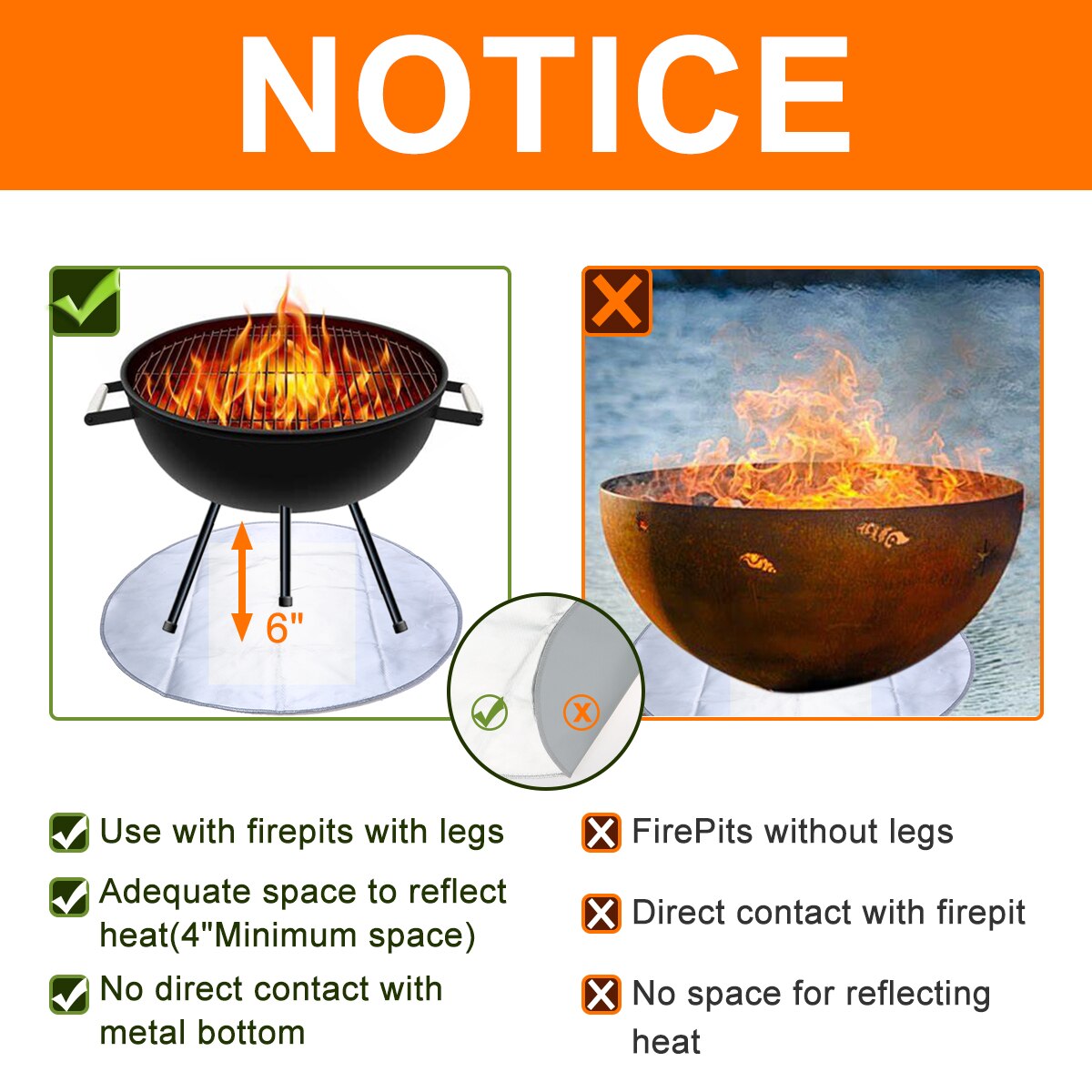 24 Inch Round Fire Pit Mat Heat Shield Fireproof Mat Outdoor/Indoor Patio Wood Deck Ground Protect Cover BBQ Grill Fireplace