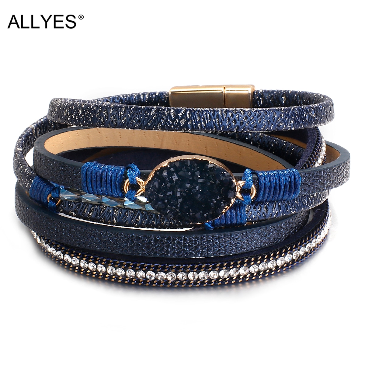 Allyes Lange Hars Lederen Armbanden Voor Vrouwen Boho Rhinestone Charm Magnetische Gesp Gevlochten Wrap Armband Sieraden