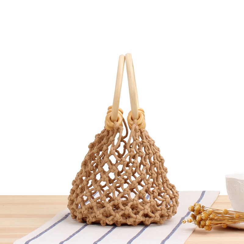 Pure Color Net Bag Hand Woven Bag Hand Tied Cotton Thread Hand Held Beach Bag Breathable DIY Wristlets Bag Summer Style