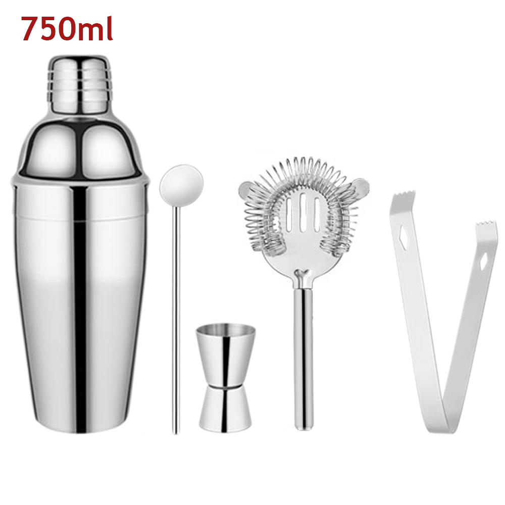 Drmfiy Silver Stainless Steel Cocktail Shaker Mixer Wine Martini Boston Shaker For Bartender Drink Party Bar Tools 550ML/750ML: 750ml-5Pcs